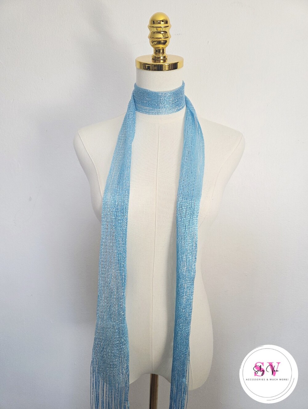 Light Blue Wrap Around Scarf With Fringe Ends